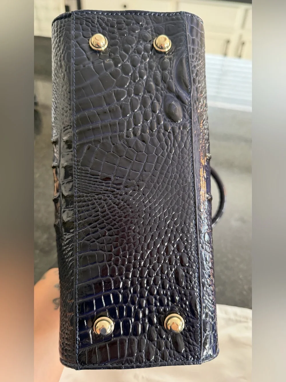 Brahmin Croc-Embossed Patent Satchel - Navy